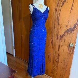 Elegant Beaded Royal Blue Silk Evening Dress